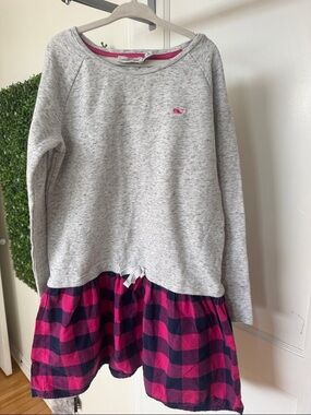 Vineyard Vines Heather Gray Top with Pink and Navy Buffalo Check Skirt